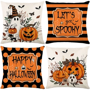 Set of 4 Halloween polyester pillow covers with ghosts, pumpkins, and orange black patterns