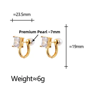 Detail shot of pearl earrings with rectangular zircon and gold plating dimensions