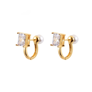 Elegant 18K gold earrings with square zircon and white pearl in U-shaped design