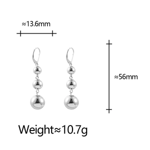 Detailed size specifications for triple metallic ball tassel drop earrings in silver finish