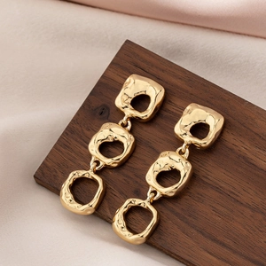 Boucles D'Oreilles Pendantes Géométriques Irrégulières Creuses Plaquées Or Texture Martelée Cuivre Pour Femmes