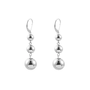 Three-tier silver metallic ball drop earrings with elegant polished mirror finish