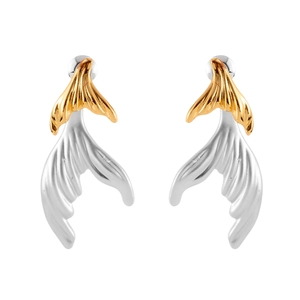 Elegant two-tone gold and silver mermaid tail stud earrings with textured fishtail design