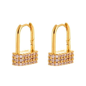 Elegant gold lock-shaped earrings with micro-paved cubic zirconia on white background
