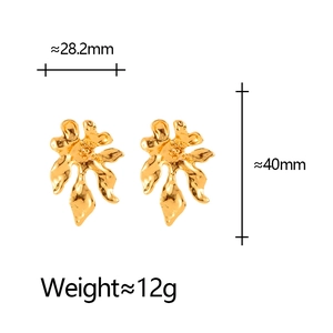 Golden irregular organic flower stud earrings with detailed texture and dimensions