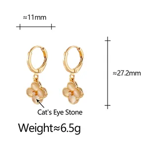Elegant gold flower drop earrings with cat eye stone petals and weight measurement