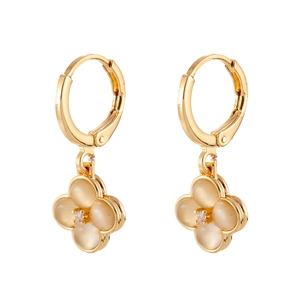 Elegant gold flower earrings with cat-eye stone petals and small zircon center