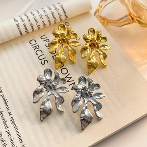 Irregular Flower Stud Earrings Copper With 925 Sterling Silver Earring Post 18K Gold Plated Liquid Metal Floral Retro