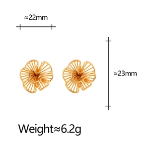 Elegant gold hollow flower stud earrings with spiral texture measuring 22mm x 23mm