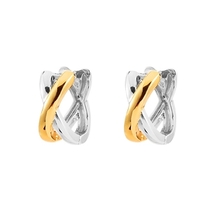 Minimalist two-tone X-shaped crossover hoop earrings in polished gold and silver metal
