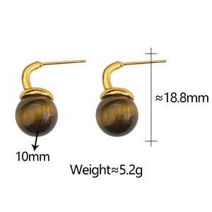 Detail view of 10mm tiger eye stud earrings with size and 5.2g weight measurements