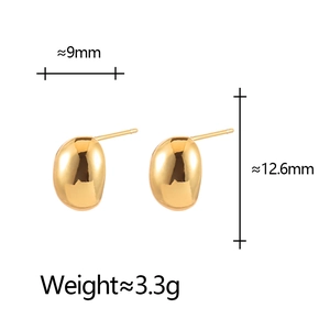 Elegant bean-shaped gold stud earrings with dimensions 9mm x 12.6mm and 3.3g weight