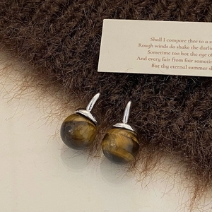 Macro shot of spherical tiger eye earrings with polished brown texture and silver studs