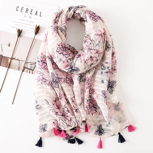 Women's Cotton Linen Blend Scarf Pink Flower Butterfly Print Long Wrap Shawl With Tassels For Sun Protection Beach Daily Decorative Scarf