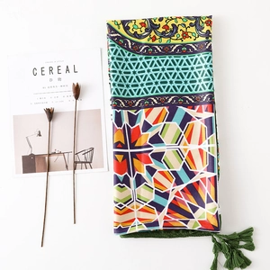 Colorful geometric floral print cotton linen scarf with green tassels for summer travel