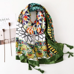 Bohemian Cotton Scarf Large Shawl With Tassels Geometric Floral Print Vintage Beach Sun Protection Wrap For Women