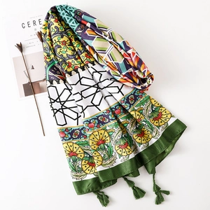 Bohemian style summer cotton linen scarf with geometric patterns and green tassels