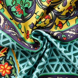 Exotic floral cotton linen scarf with geometric tulip patterns and summer green tones