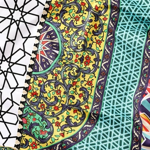 Macro detail of bohemian geometric patterns and floral print on cotton linen scarf
