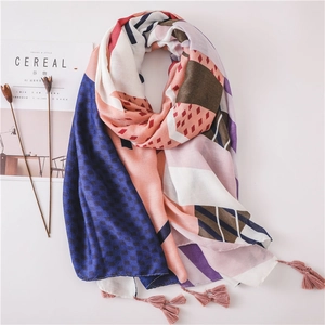 Geometric Color Block Scarf Shawl Cotton Linen Feel Sun Protection Tassels Ethnic Style Wraps For Women