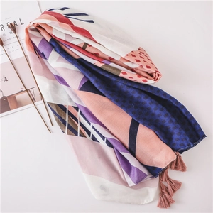 Colorful geometric cotton linen scarf with tassels and artistic color block patterns