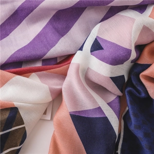 Colorful geometric pattern cotton linen scarf shawl with purple stripes and color blocking