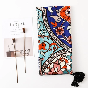 Bohemian patterned cotton linen scarf with geometric floral print and tassel accents