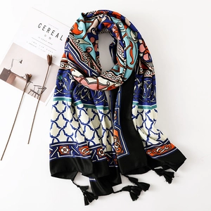 Bohemian cotton linen scarf with geometric totem print and black tassels for vacation