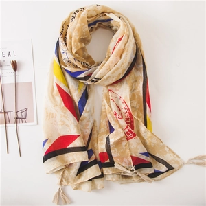 Retro Letter Print Voile Scarf With Tassels Long Lightweight Sun Protection Beach Shawl Wrap For Women Vacation