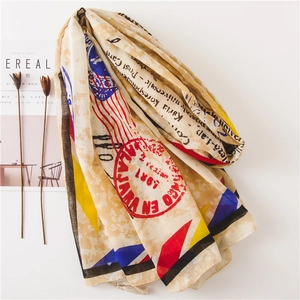 Vintage stamp print cotton linen scarf with tassels for summer beach sun protection