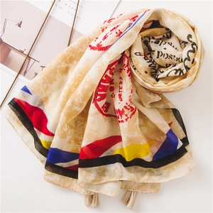 Lightweight cotton linen shawl with colorful geometric prints, graffiti text, and tassels