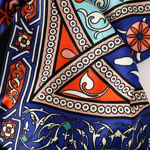 Vintage bohemian blue and orange floral cotton linen scarf with geometric ethnic patterns