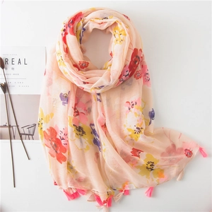 Women Floral Print Scarf Shawl Soft Voile Lightweight Tassel Fringe Sun Protection Decorative Gauze Elegant Pink