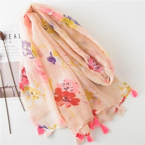 Lightweight pink floral cotton linen scarf for women with elegant tassel edges