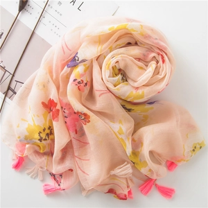 Light pink cotton linen floral scarf with handcrafted tassels for sun protection