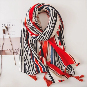 Châle Bohème Imprimé Géométrique Ethnique Femme Effet Coton Lin Avec Franges Pour Protection Solaire Vacances À La Plage