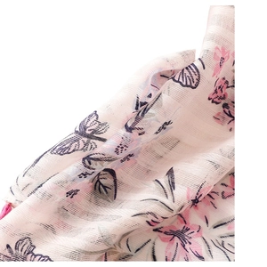 Pink floral chiffon scarf with delicate flower and butterfly prints in a soft romantic style