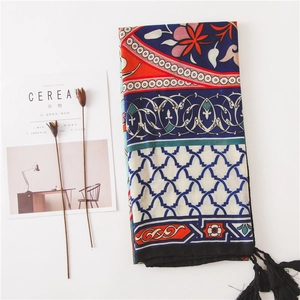 Ethnic cotton linen floral shawl with tassels and geometric patterns for beach sun protection