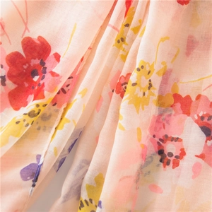 Lightweight pink floral cotton linen scarf with soft watercolor prints and breathable texture