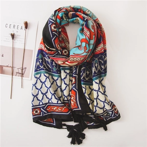 Women Ethnic Print Shawl Scarf Cotton Linen Feel Bohemian Tassel Sun Protection Wrap Beach Cover Up