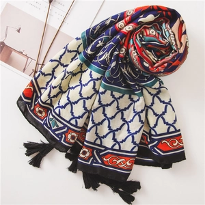 Ethnic printed linen cotton scarf with tassels for sun protection and beach vacation