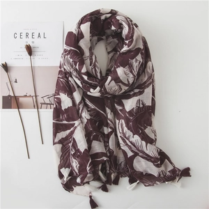 Women Long Scarf Shawl Voile Tropical Banana Leaf Print Soft Beach Sun Protection Tassels Wine Red