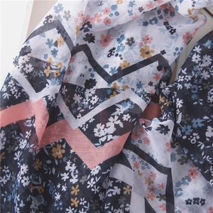 Floral cotton linen shawl scarf in navy blue patchwork with delicate flower prints