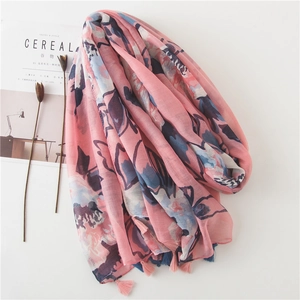 Pink and blue floral cotton linen scarf with elegant fringe tassels for summer protection