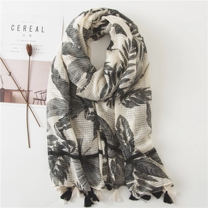 Palm Leaf Print Scarf Shawl Voile Cotton Linen Feel Tassel Lightweight Sun Protection Beach Travel Holiday For Women
