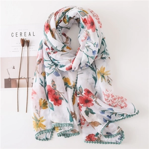 Écharpe en coton et lin à fleurs avec bordure à pompons verts style bohème