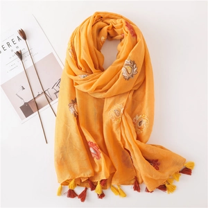 Vintage Ethnic Paisley Embroidered Scarf Shawl Lightweight Cotton Linen Feel Breathable Tassel Sunscreen For Travel