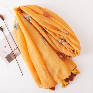 Ethnic embroidery yellow cotton linen scarf with floral patterns and fringe tassels
