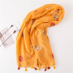 Yellow paisley embroidered cotton scarf with fringes for women's summer sun protection