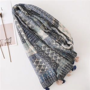 Retro blue and beige plaid cotton linen scarf with ethnic floral patterns and tassels